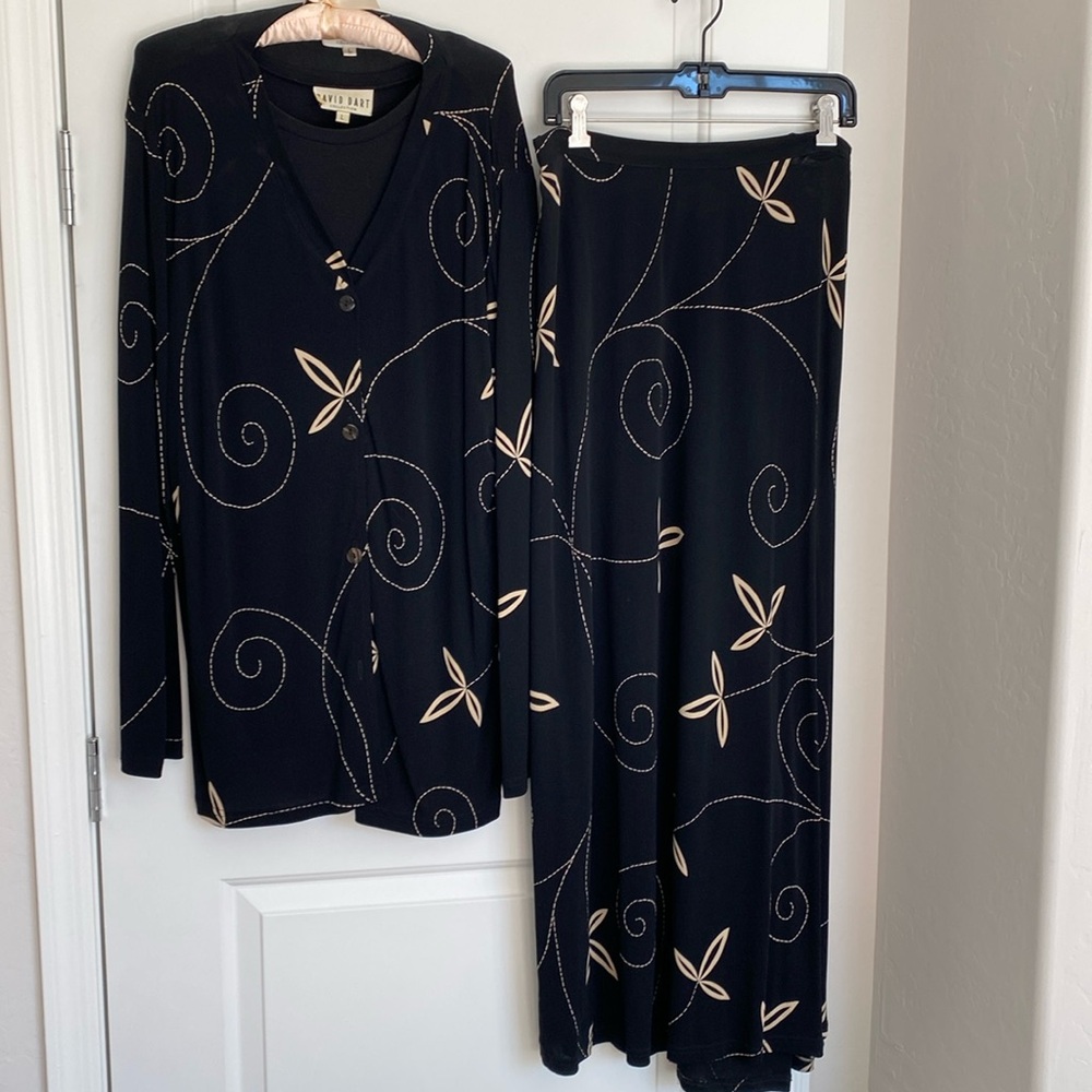 Vintage David Dart Maxi Skirt Suit - Black/Cream with Subtle Print - Size L
